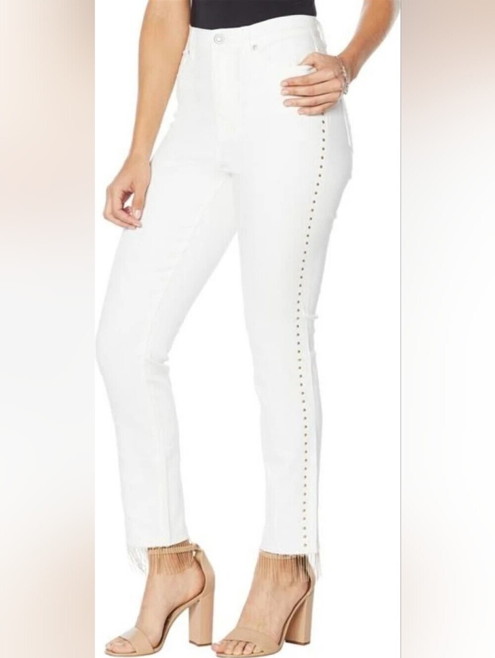 DG2 by Diane Gilman White Skinny Jeans with Side Stud Trim